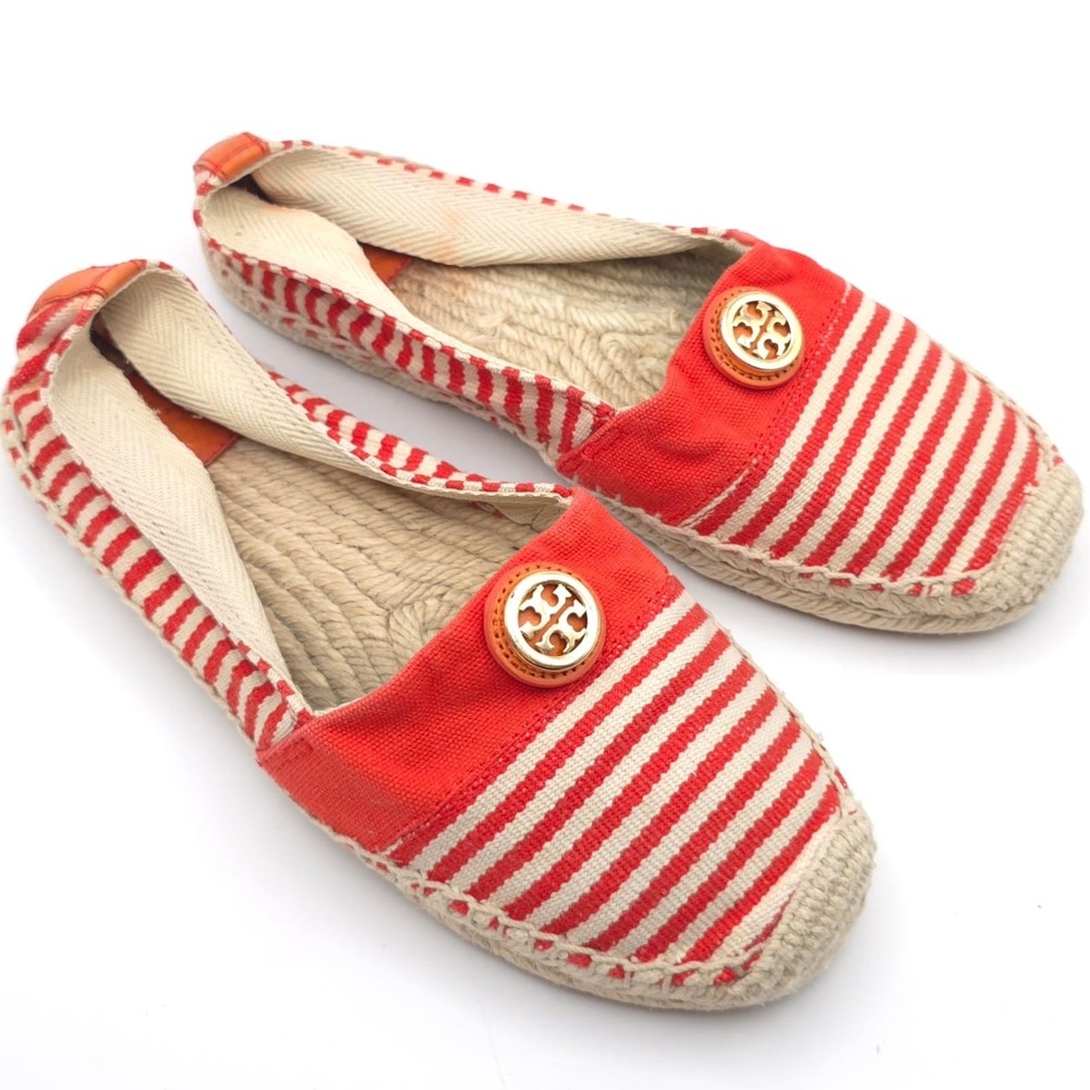 Tory Burch Striped Canvas Espadrilles Red Cream Logo Round Toe Flat Shoes 8 - Picture 2 of 10